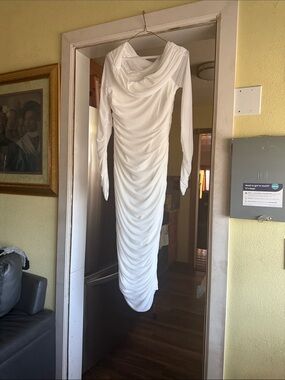 Elegant White Long-Sleeve Ruched Maxi Dress